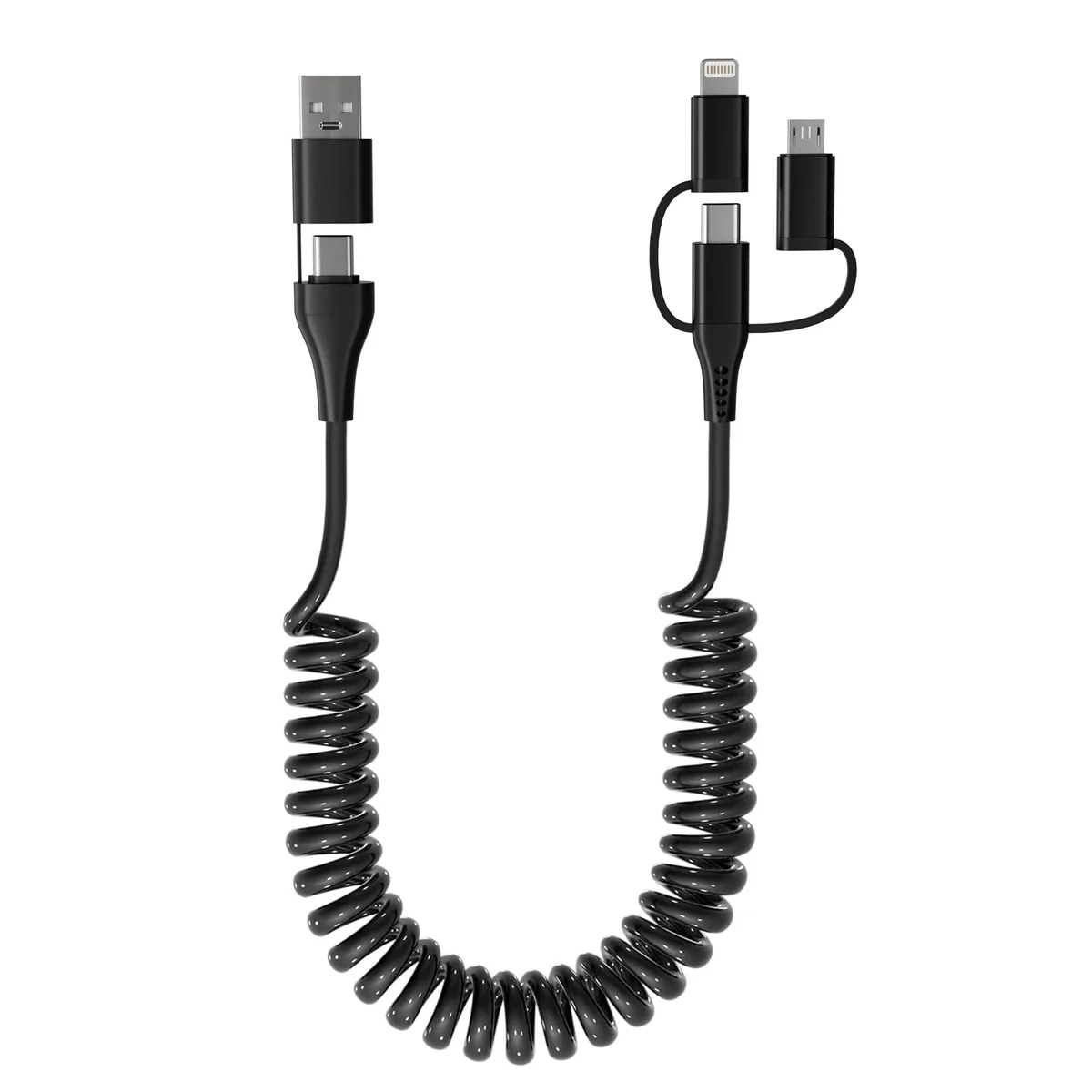 Black coiled 5-in-1 multi charging cable with interchangeable USB-C, Lightning and Micro-USB tips