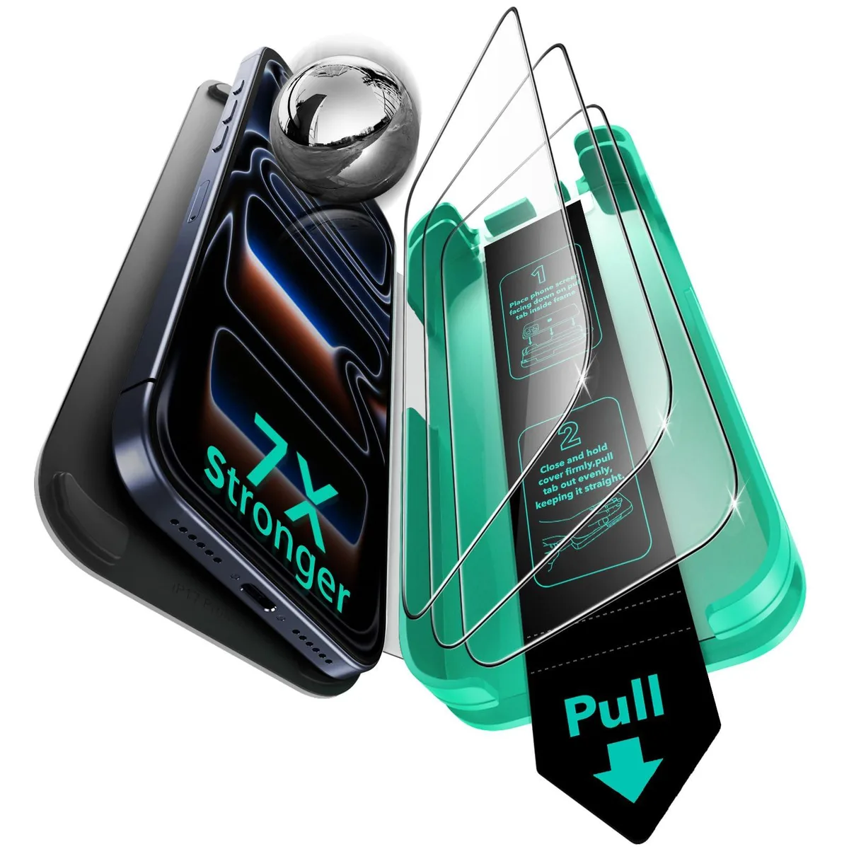Three clear tempered-glass screen protectors with alignment tray and cleaning kit