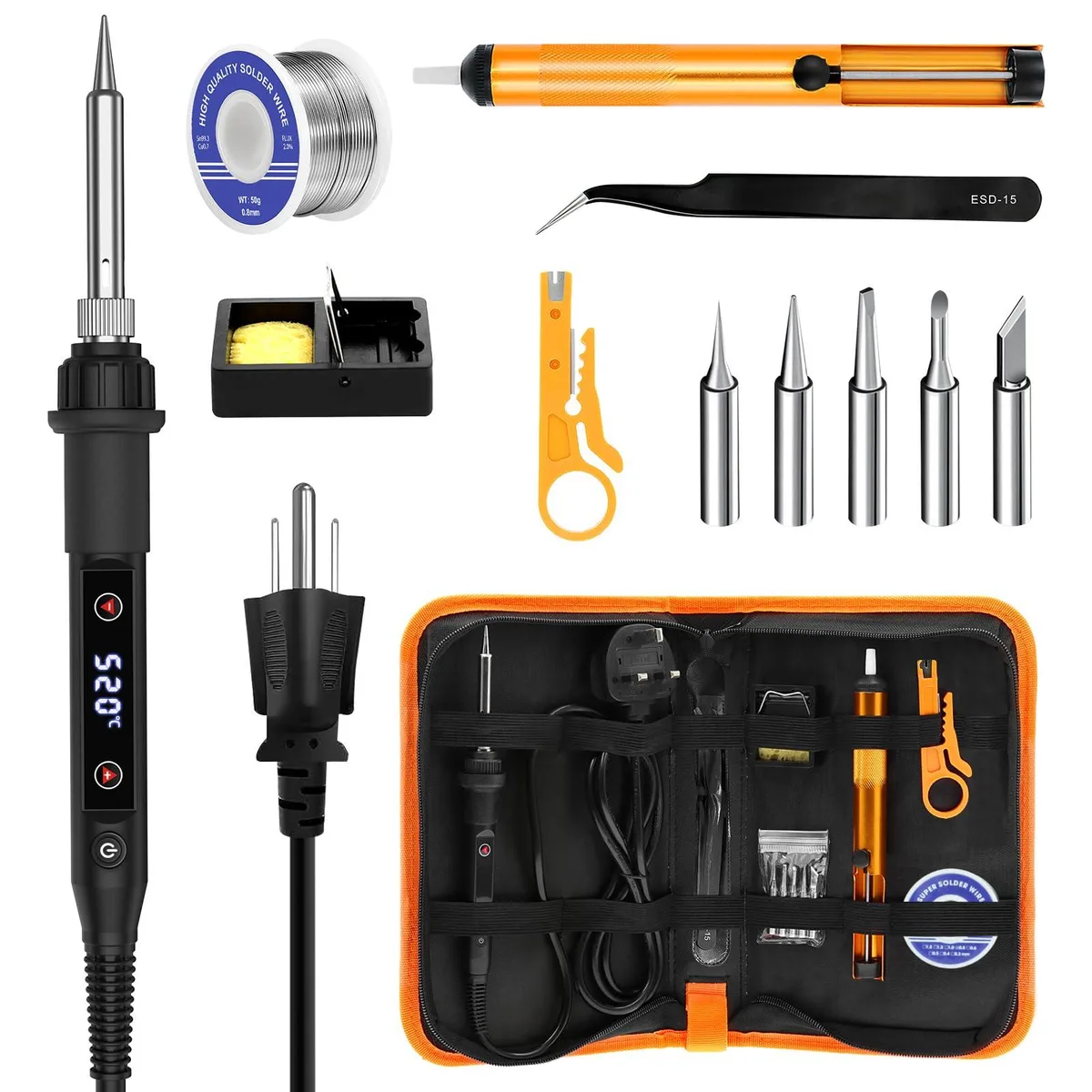 80W soldering iron with LED display, adjustable temperature 356-968°F, 15-second heat-up, insulated handle, 53-inch cable