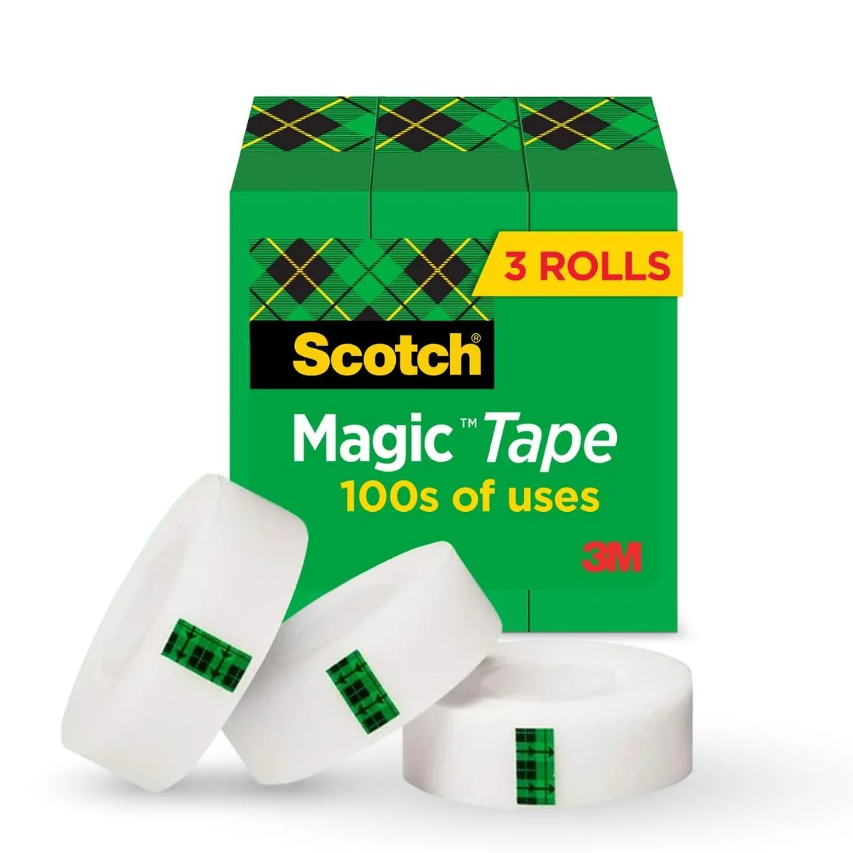 Three rolls of transparent matte-finish tape on one-inch cores