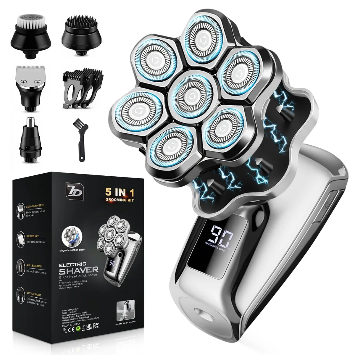 Silver rotary shaver with magnetic detachable head and trimmer attachments