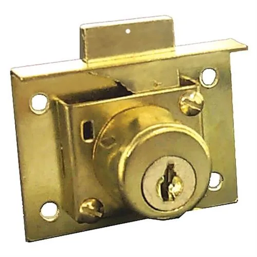 Brass plated drawer lock cylinder with keyway visible