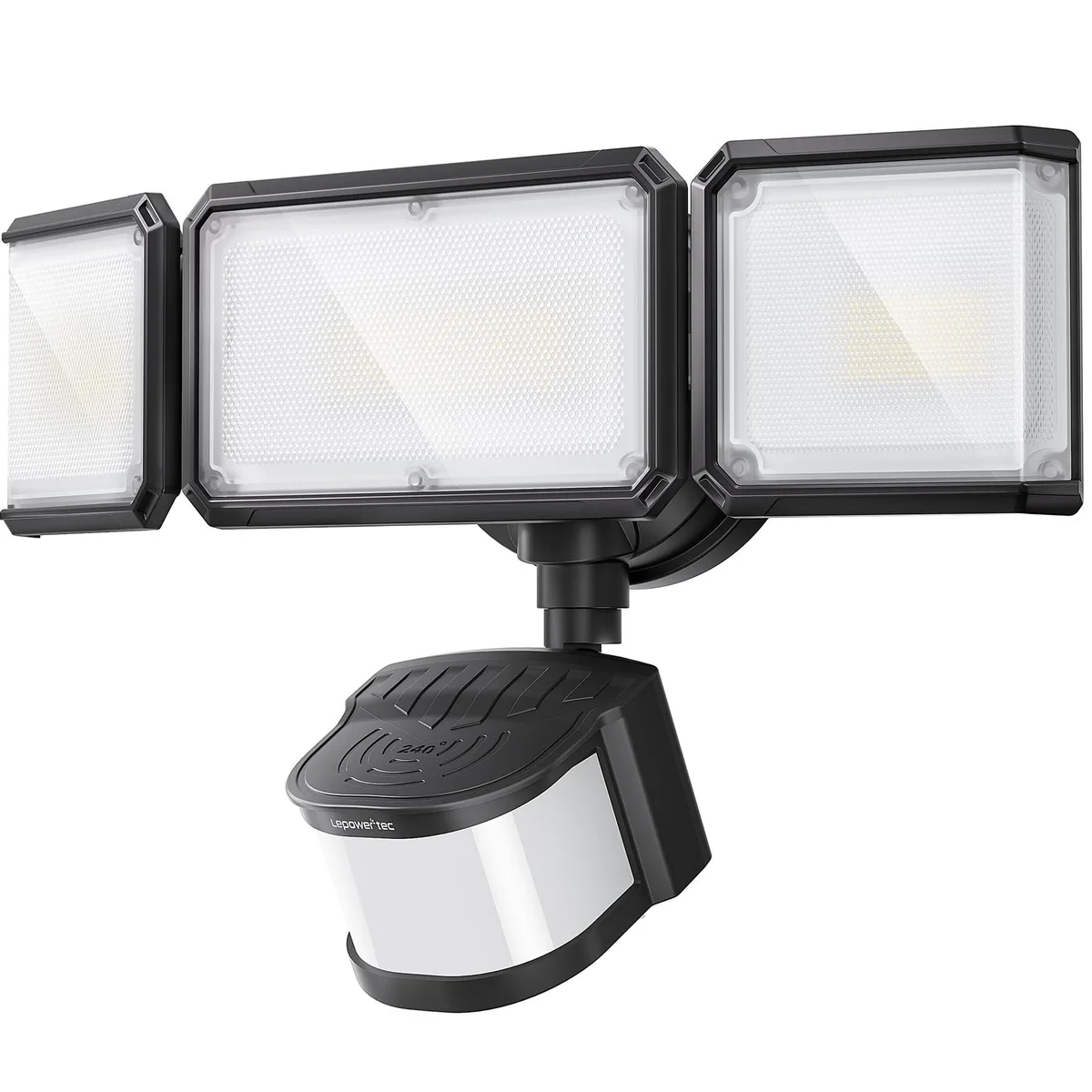 White rectangular LED security light with three adjustable panels and dual PIR sensors