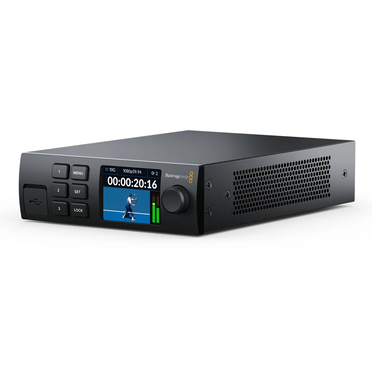 Black rectangular rack-mount video converter with front LCD panel and SDI ports