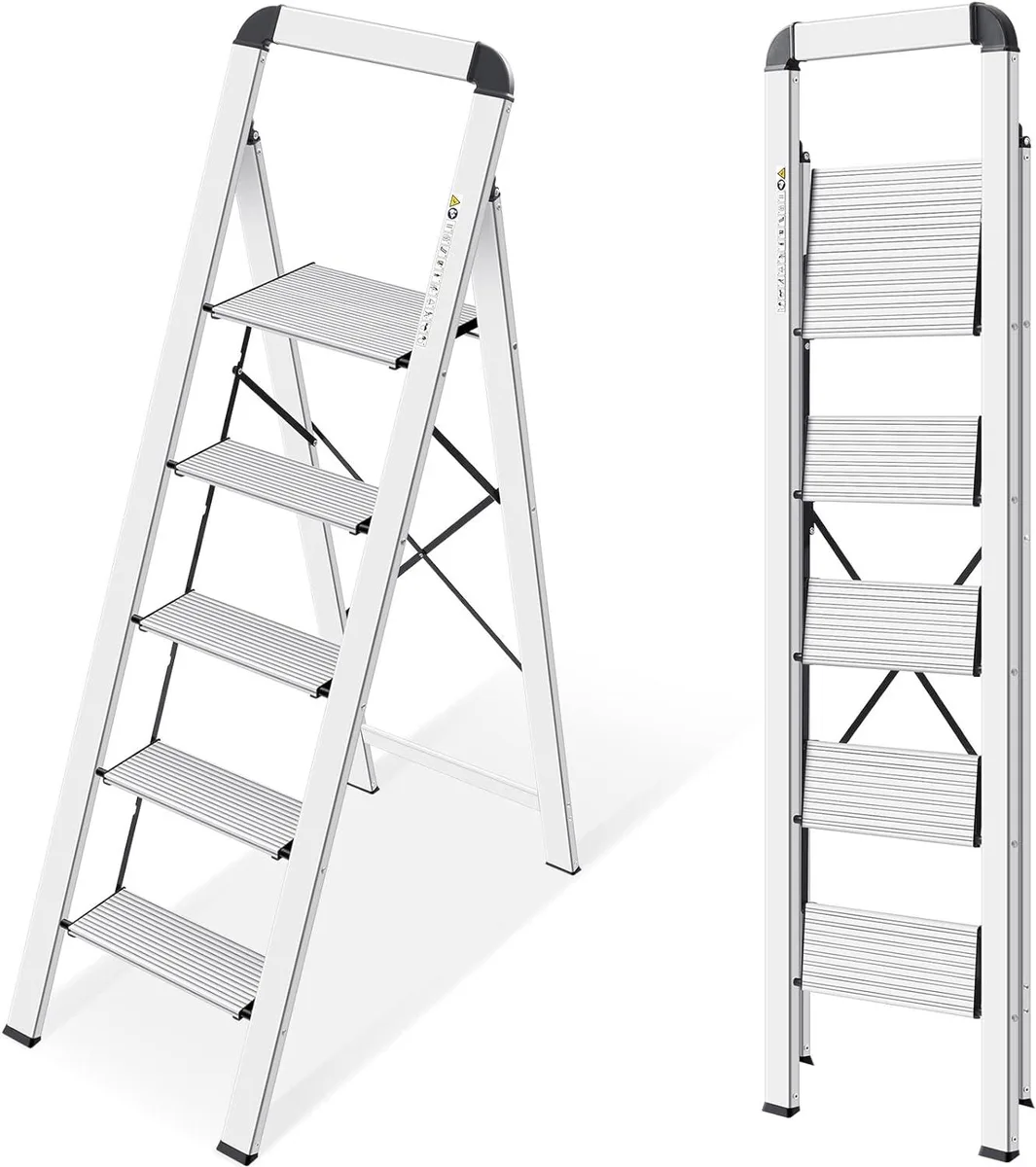 Silver five-step aluminium ladder with handrail, folded to 1.8 inches wide