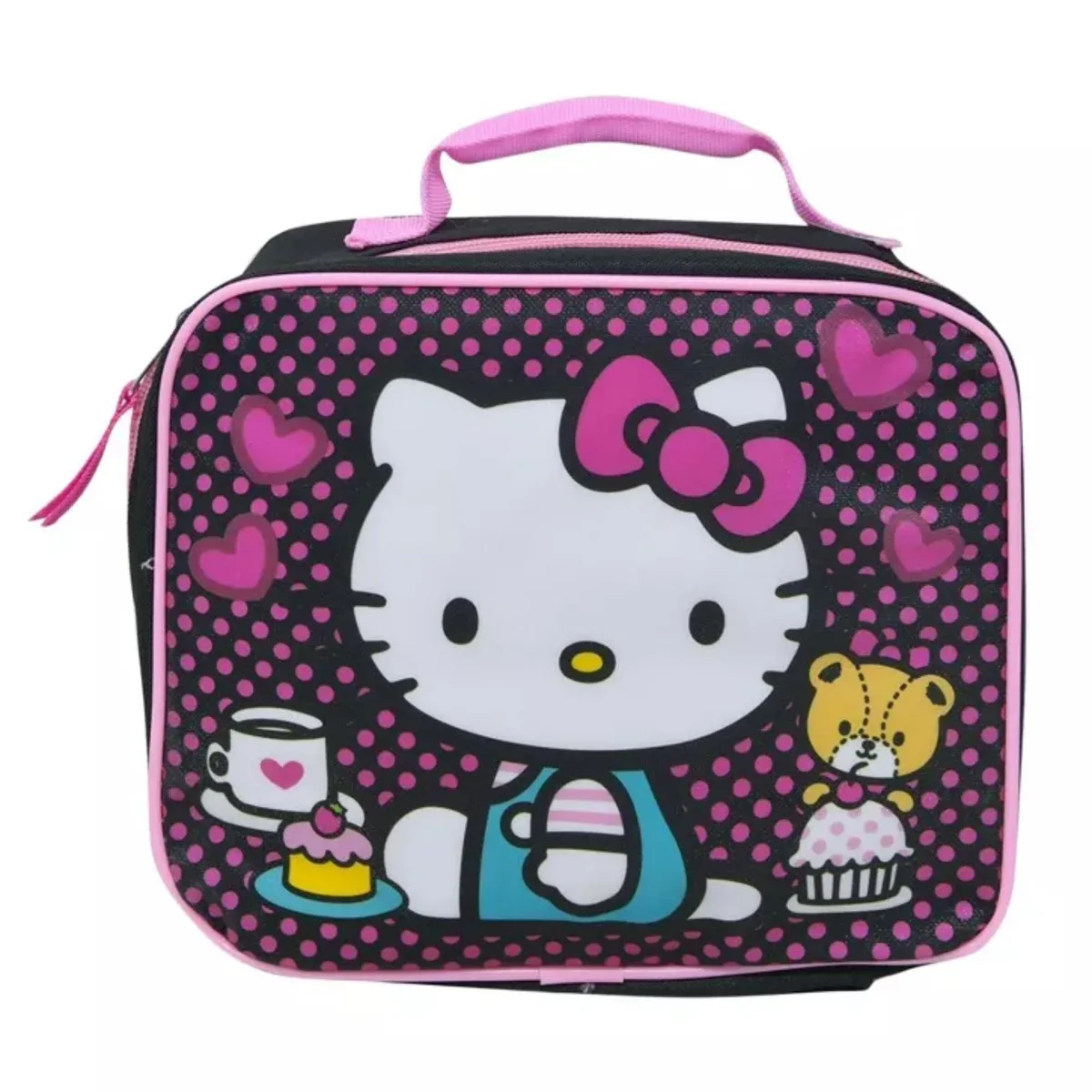 Black polyester rectangle lunch bag with Hello Kitty graphics, zip closure, top handle