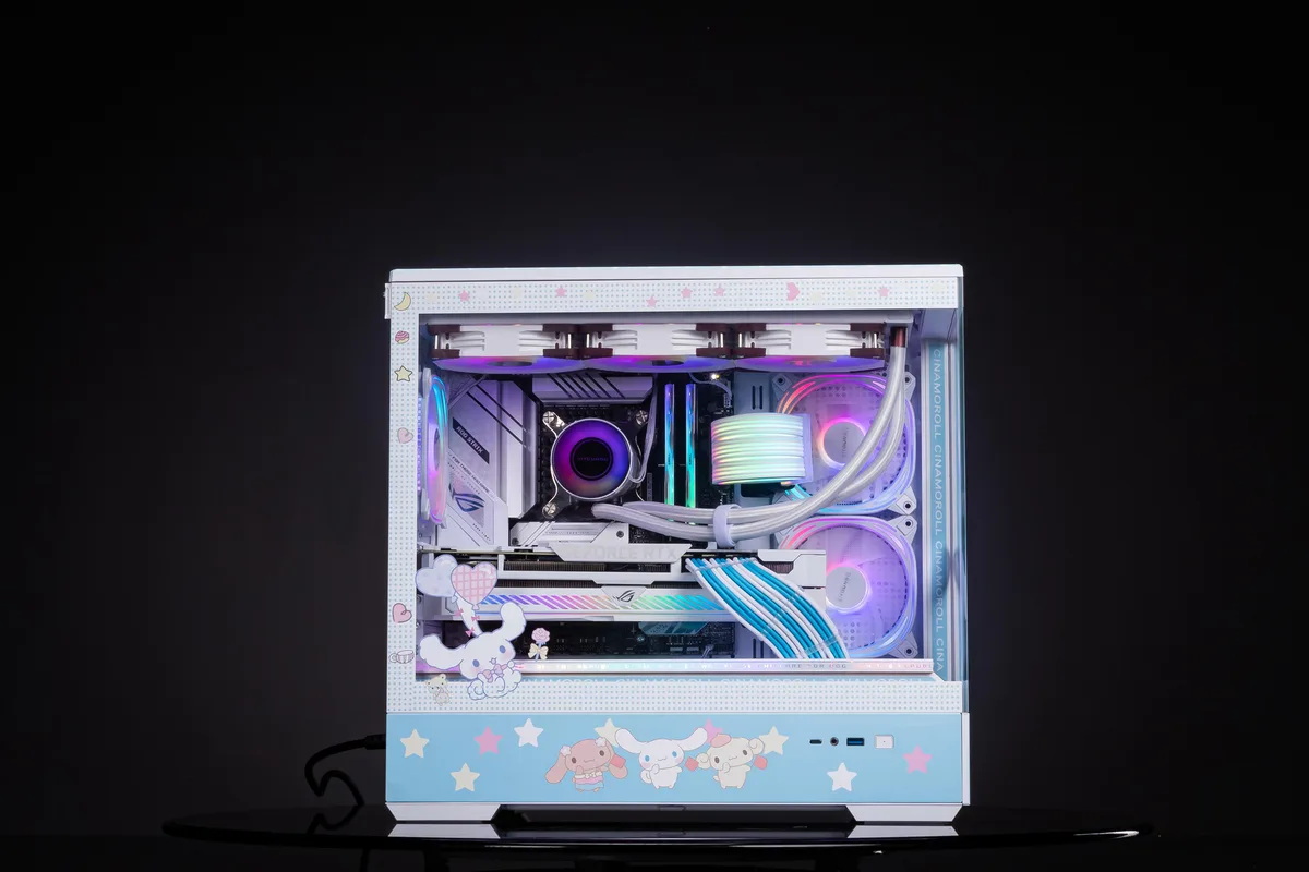 Cinnamoroll-themed Micro-ATX case with two illuminated side panels