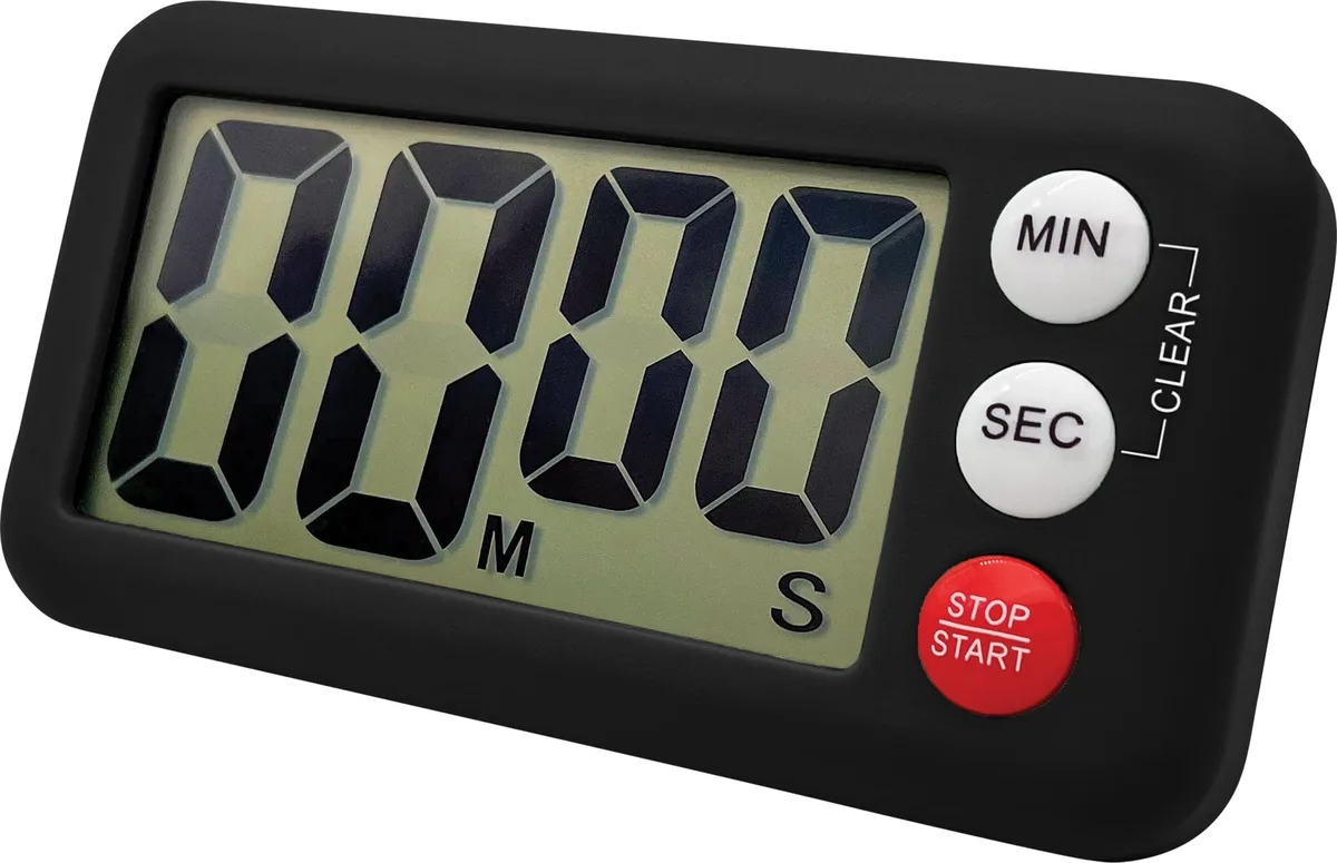 Black rectangular digital timer with magnetic back and fold-out stand, white display showing countdown digits