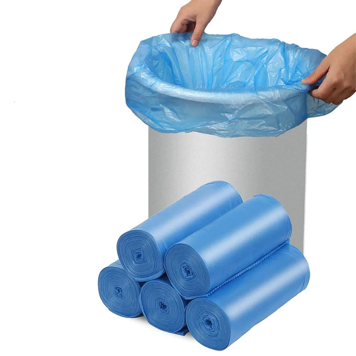 Blue biodegradable trash bags in a 75-count pack