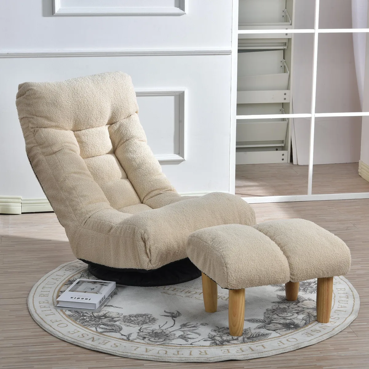 White cotton single reclining sofa with adjustable headrest and 360 degree rotating base