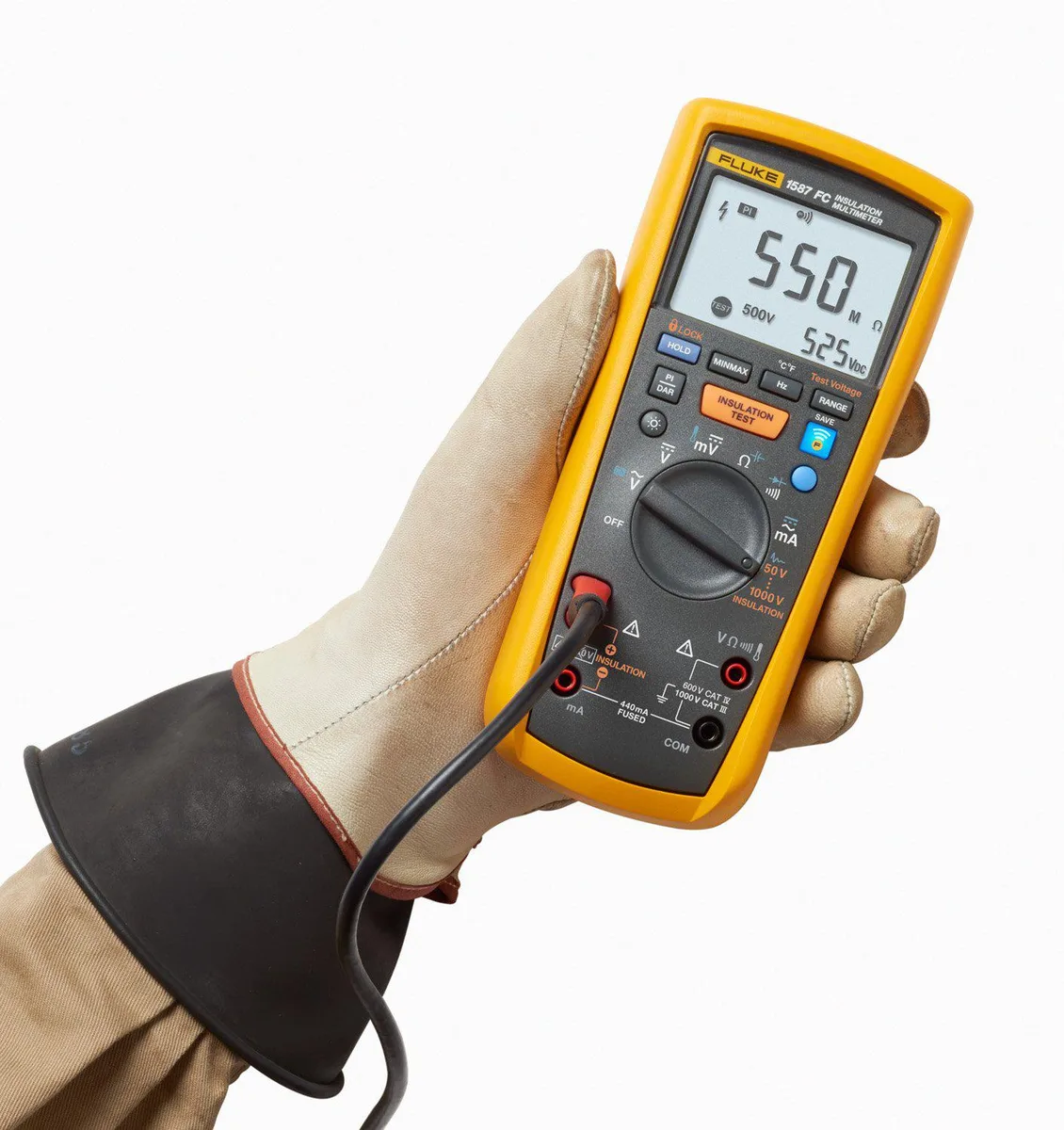Yellow handheld insulation multimeter with rotary dial and test leads