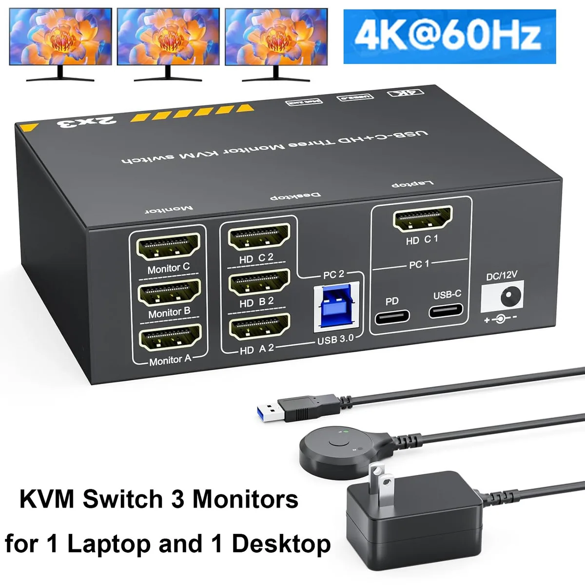 IHDAPP IHDAPP KVM Switch 2 Computers 3 Monitors 4K@60Hz USB-C HDMI 87W PD — product photo