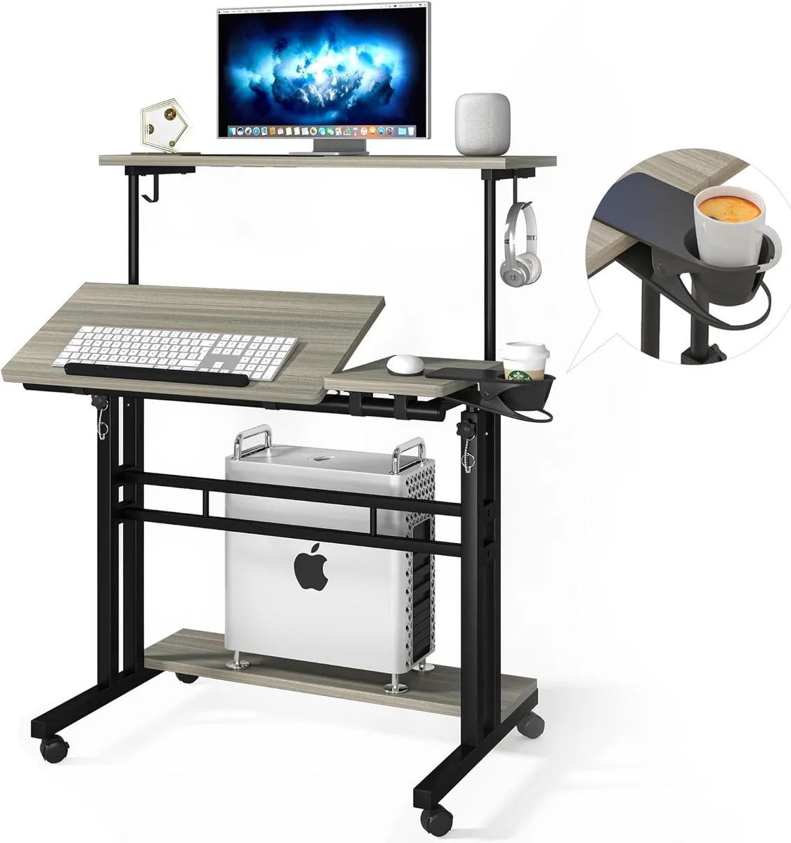 BFKK BFKK Mobile Standing Desk Grey 26.9-46.8in 3 Platforms 45deg Tilt 30kg 1.5in Wheels — product photo