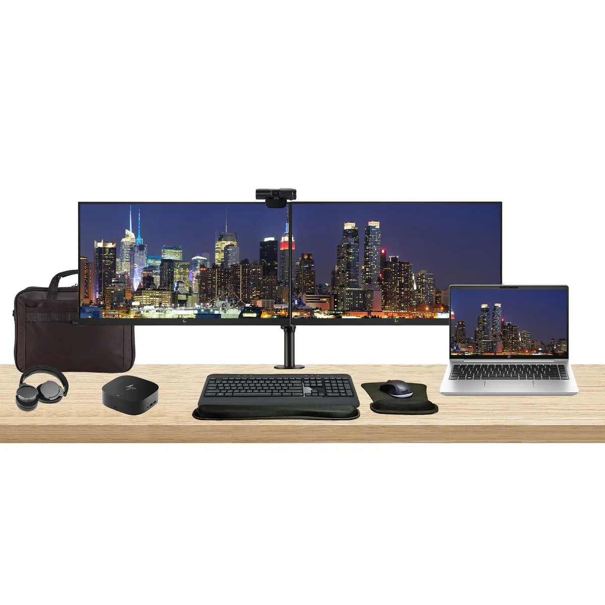 HP HP ProBook 445 G10 laptop bundle: 14" Ryzen 5, 8GB, 256GB, dual 24" monitors, dock, accessories — product photo