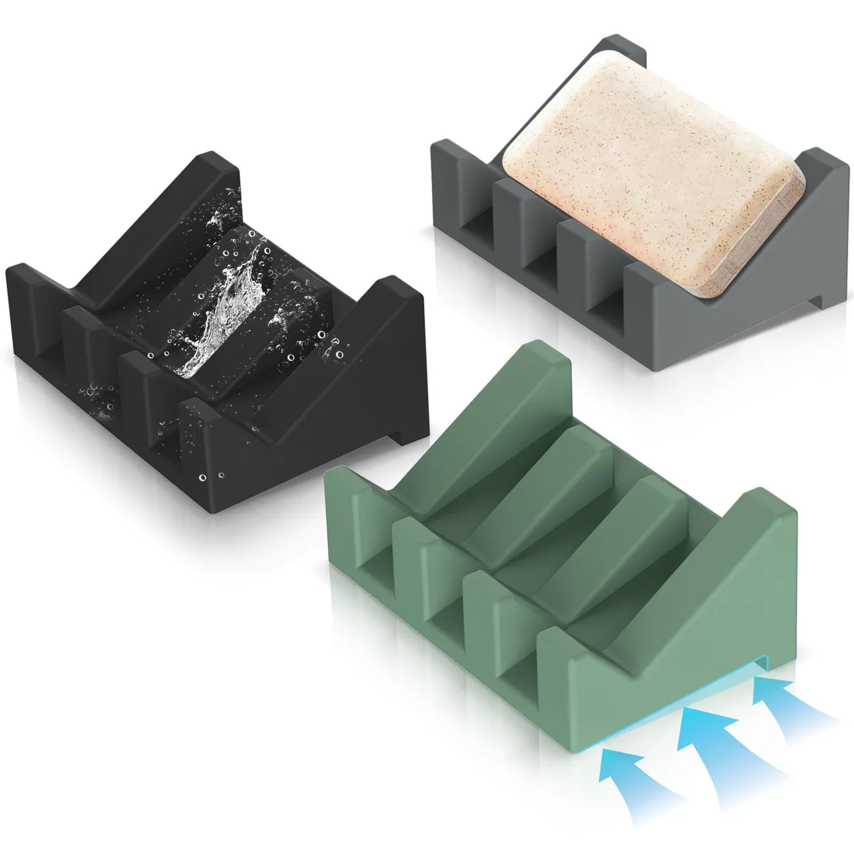  EGWON Silicone Soap Dish Set 3PCS Self Draining Holder — product photo