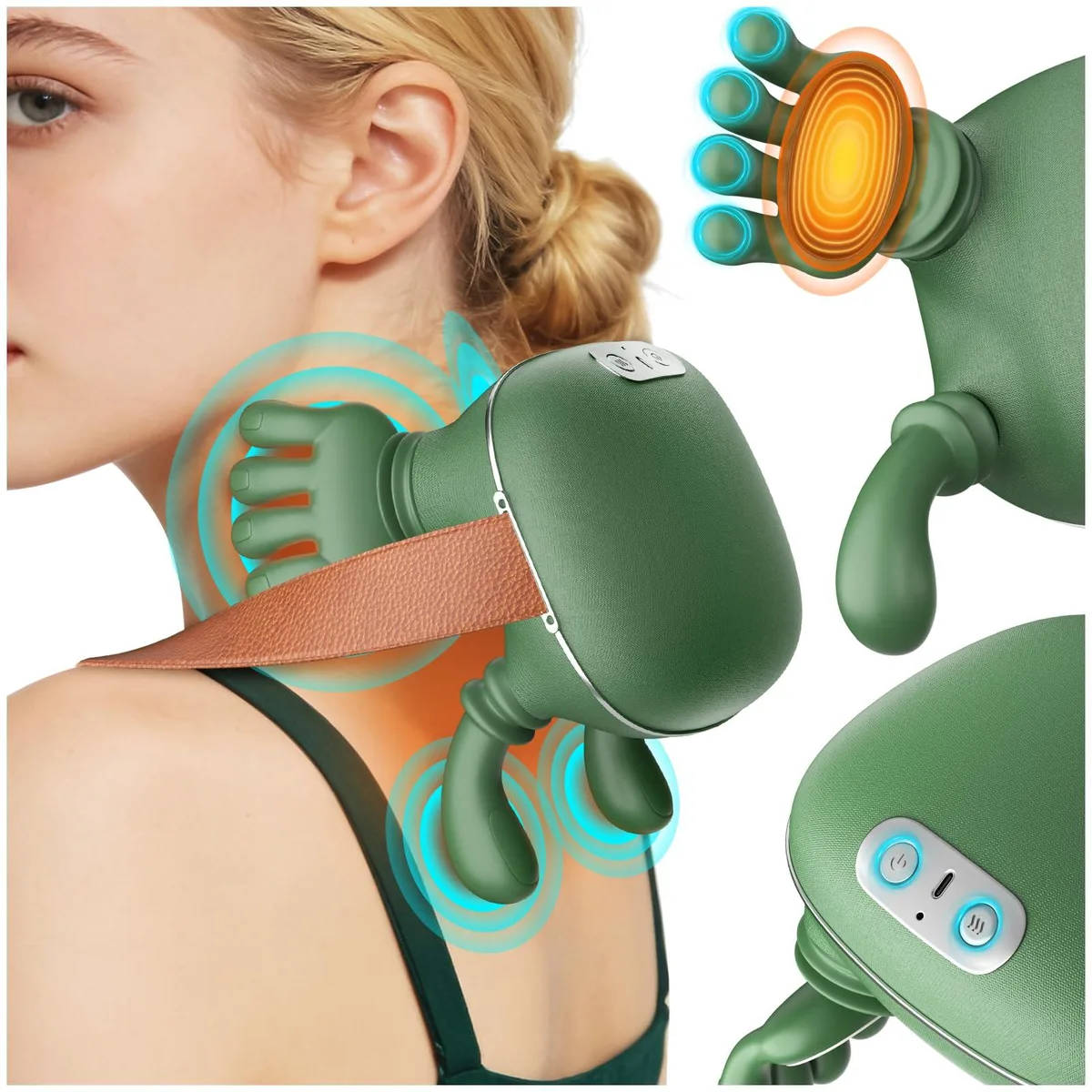 Green wrap-around neck massager with silicone finish, battery-powered, 7.5 by 6.5 by 5.5 inches
