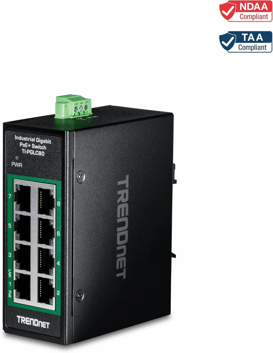 TRENDnet TRENDnet TI-PGLC80 8-Port Industrial Gigabit PoE+ DIN-Rail Mini Switch — product photo