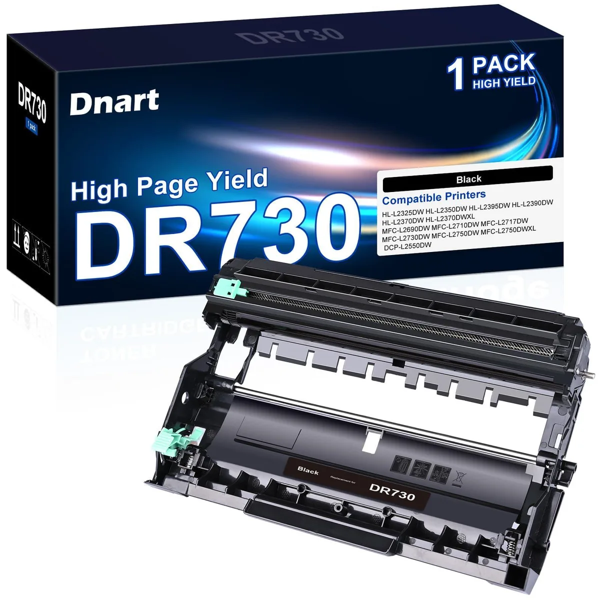 Compatible DR730 drum unit in black plastic housing with green imaging roller