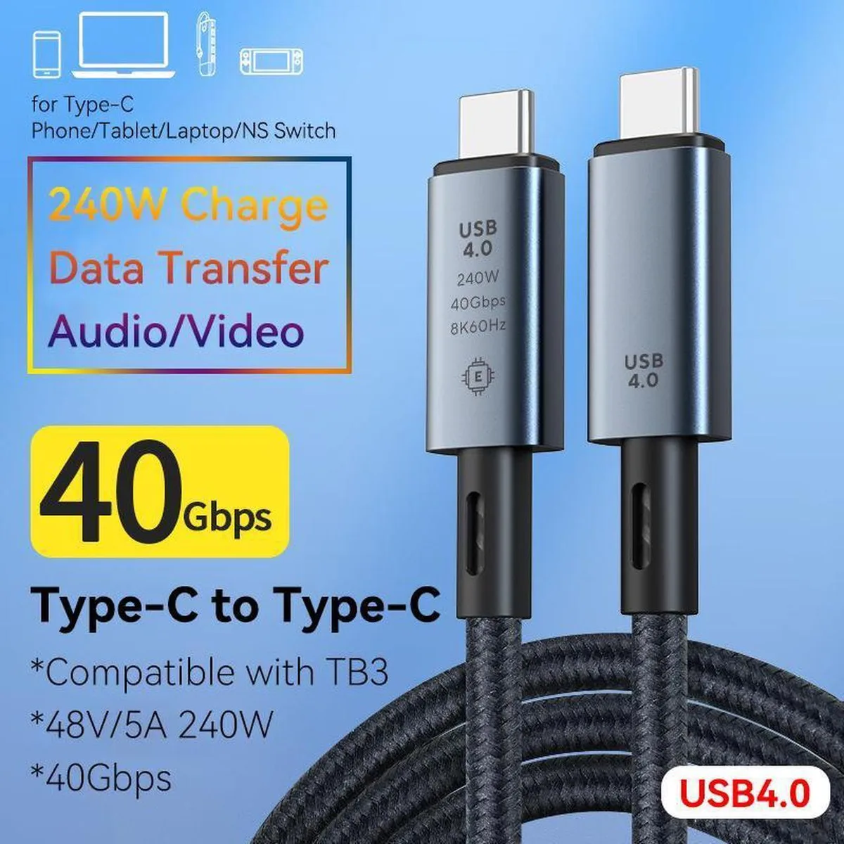 Short braided USB-C cable with aluminium alloy ends, .5 m long