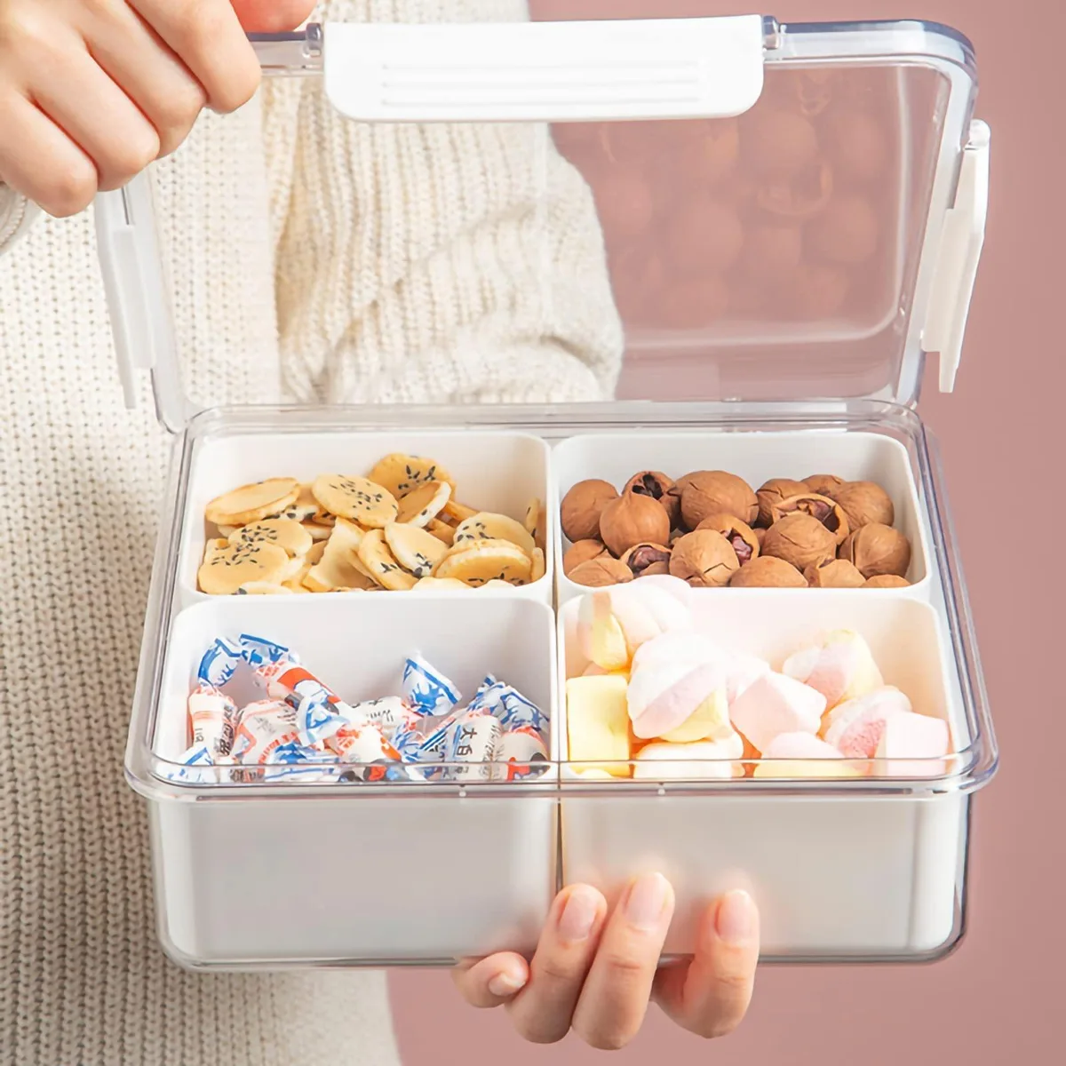 Square white food tray with transparent lid and four removable compartments