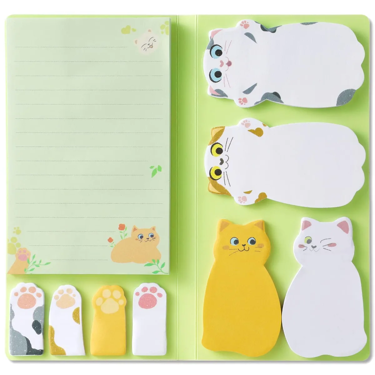 A booklet of cat-themed sticky notes in multicolour square sheets with a green cover