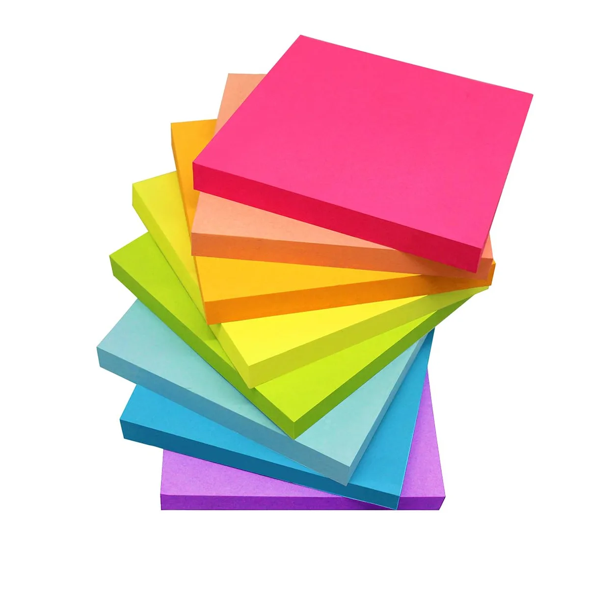 Eight square sticky-note pads in bright colours, each 3 by 3 inches