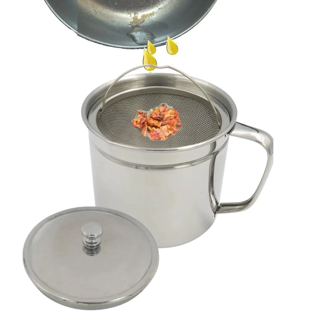 Silver stainless steel grease keeper with mesh strainer, handle, lid, 5 cup capacity