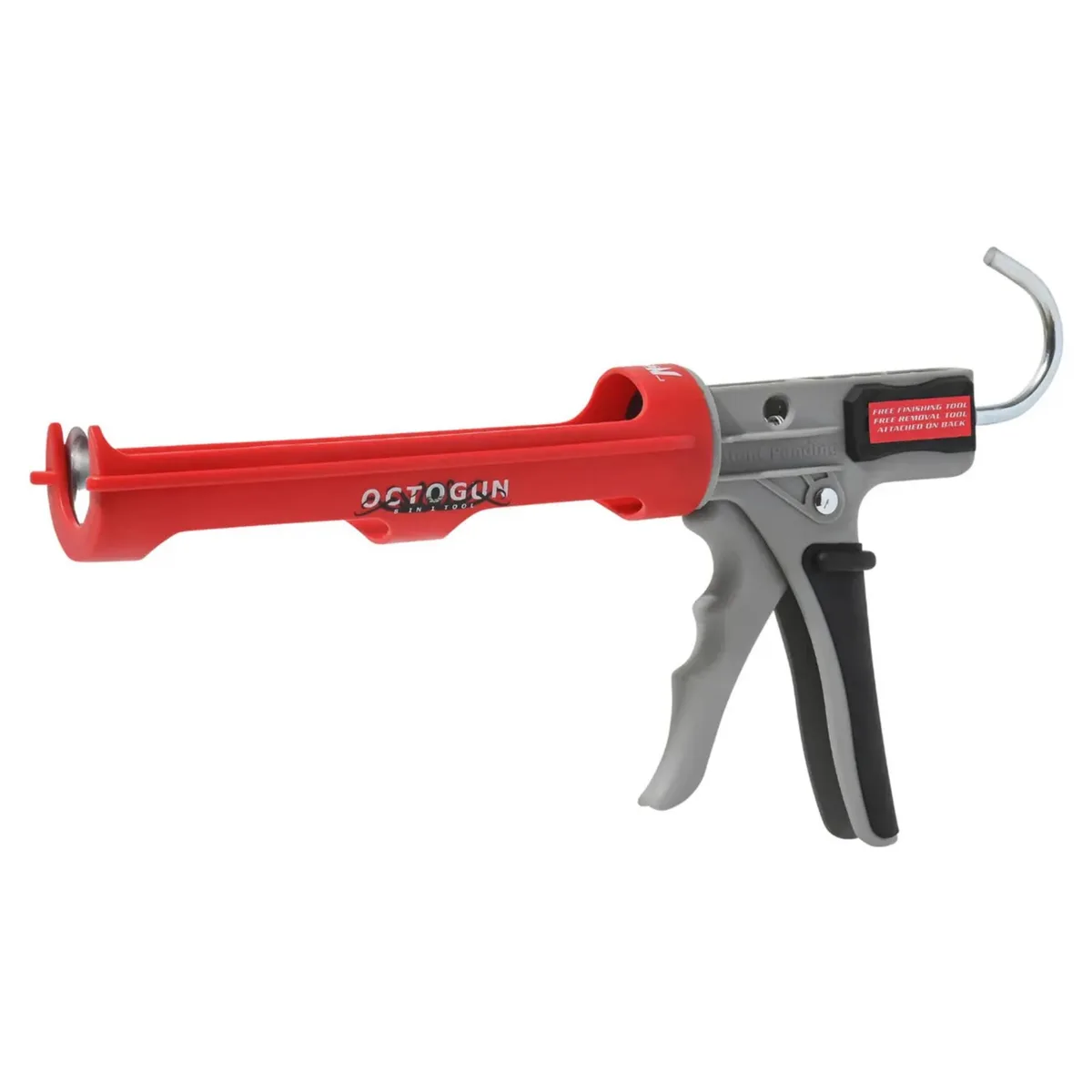 Red plastic caulk gun with revolving barrel and built-in tooling square