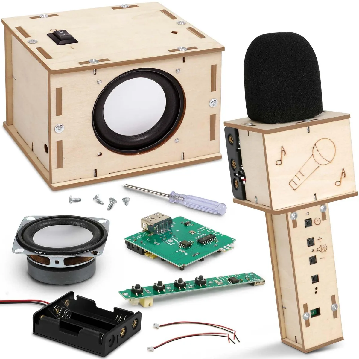 Colourful plastic STEM building kit with speaker and microphone parts