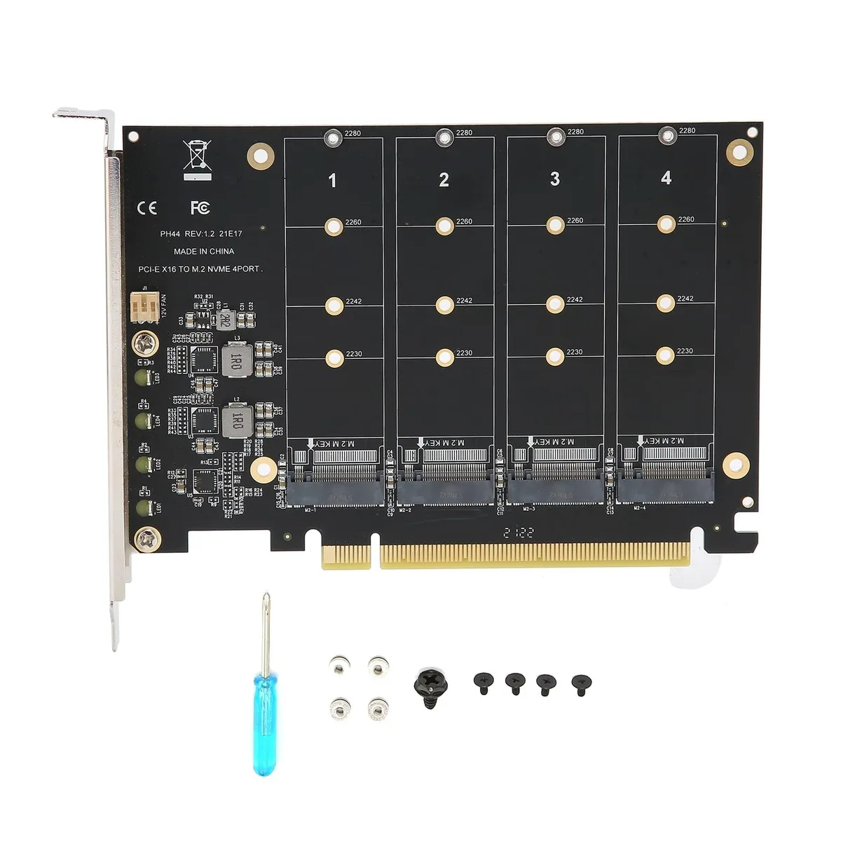 Black PCIe expansion card with four M.2 NVMe slots and LED indicators