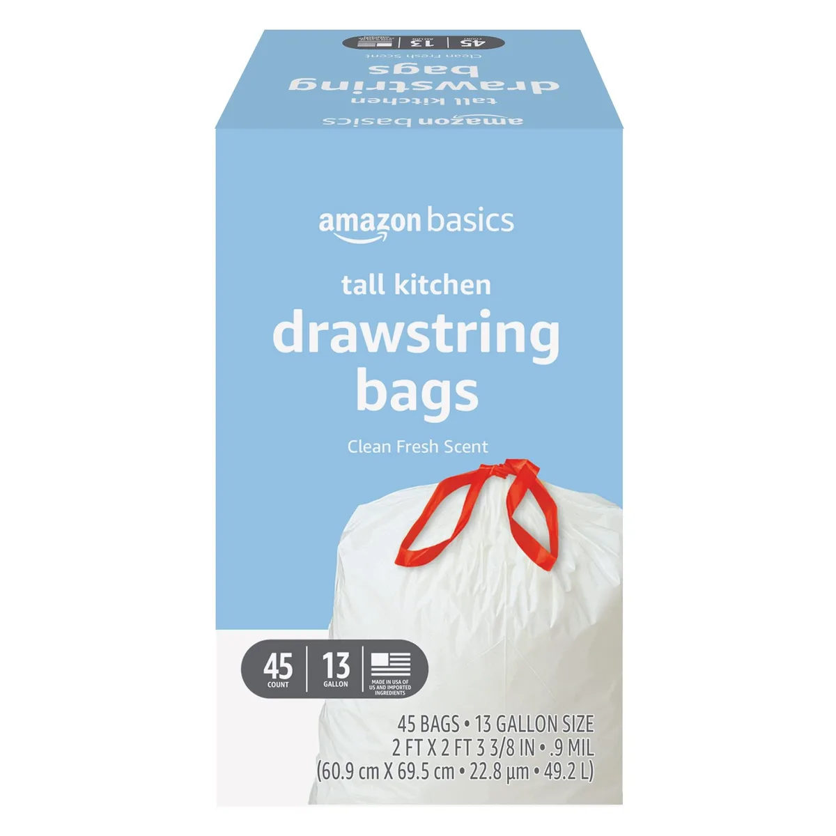 White rectangular box containing 45 tall kitchen drawstring trash bags, 13 gallon capacity, clean fresh scent
