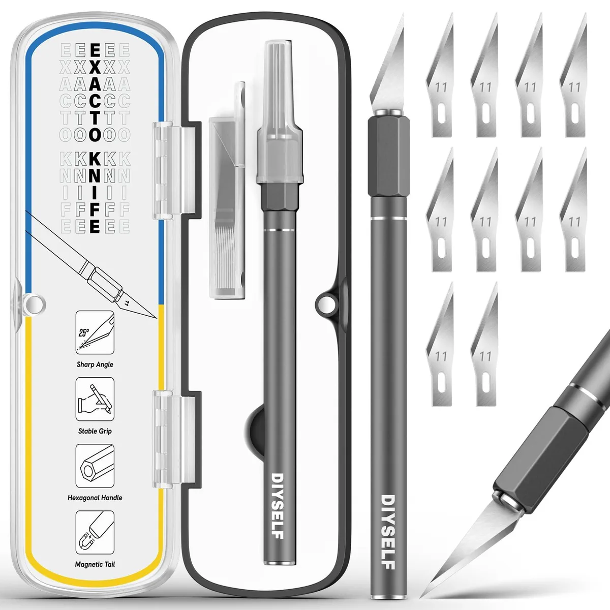 DIYSELF Exacto Knife 12 Pcs Grey Aluminium Handle 11 Blades Case — product photo
