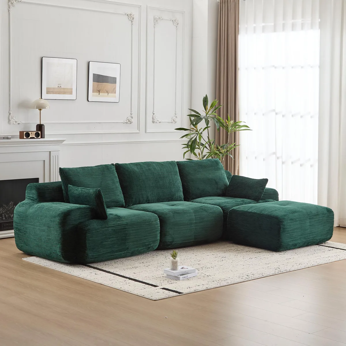 Green corduroy sectional sofa with deep seat and scatter cushions