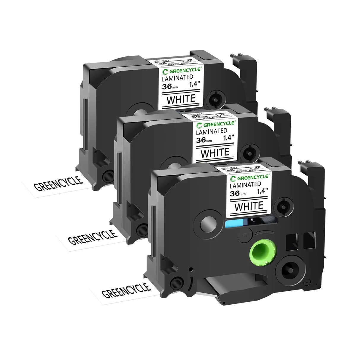 GREENCYCLE GREENCYCLE TZe-261 36mm 26.2ft Black on White Laminated Tape 3 Pack — product photo