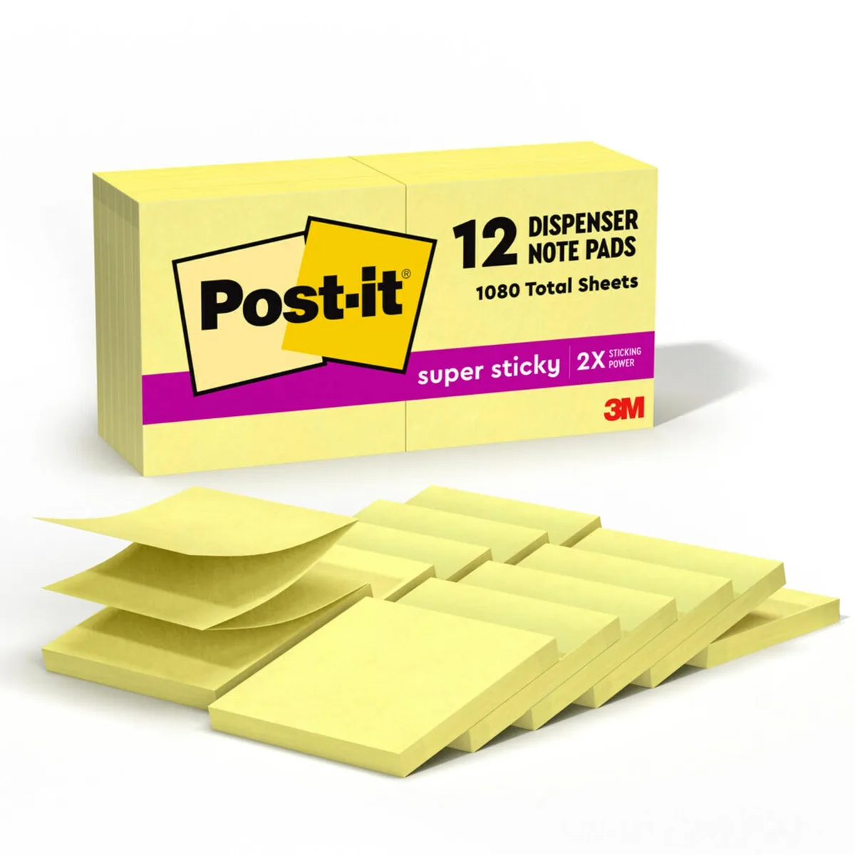A cardboard box holding twelve square yellow sticky-note pads, each 3 by 3 inches