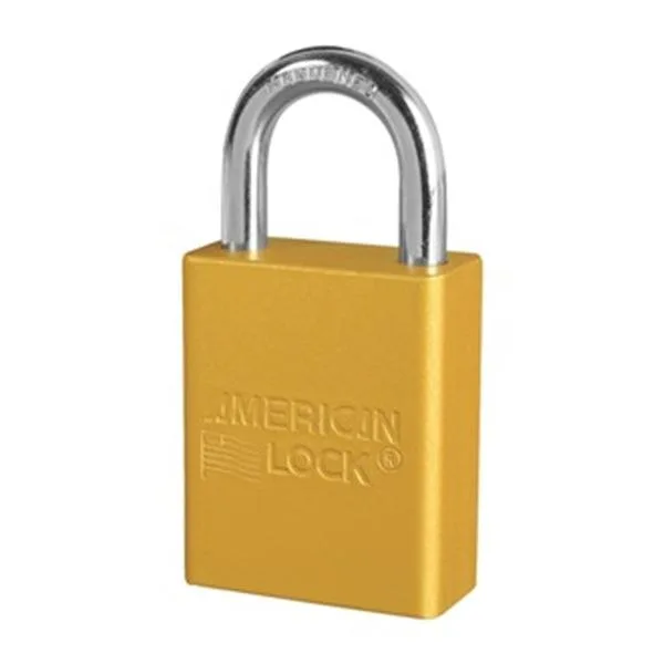 Six yellow anodized aluminum safety padlocks with steel shackles