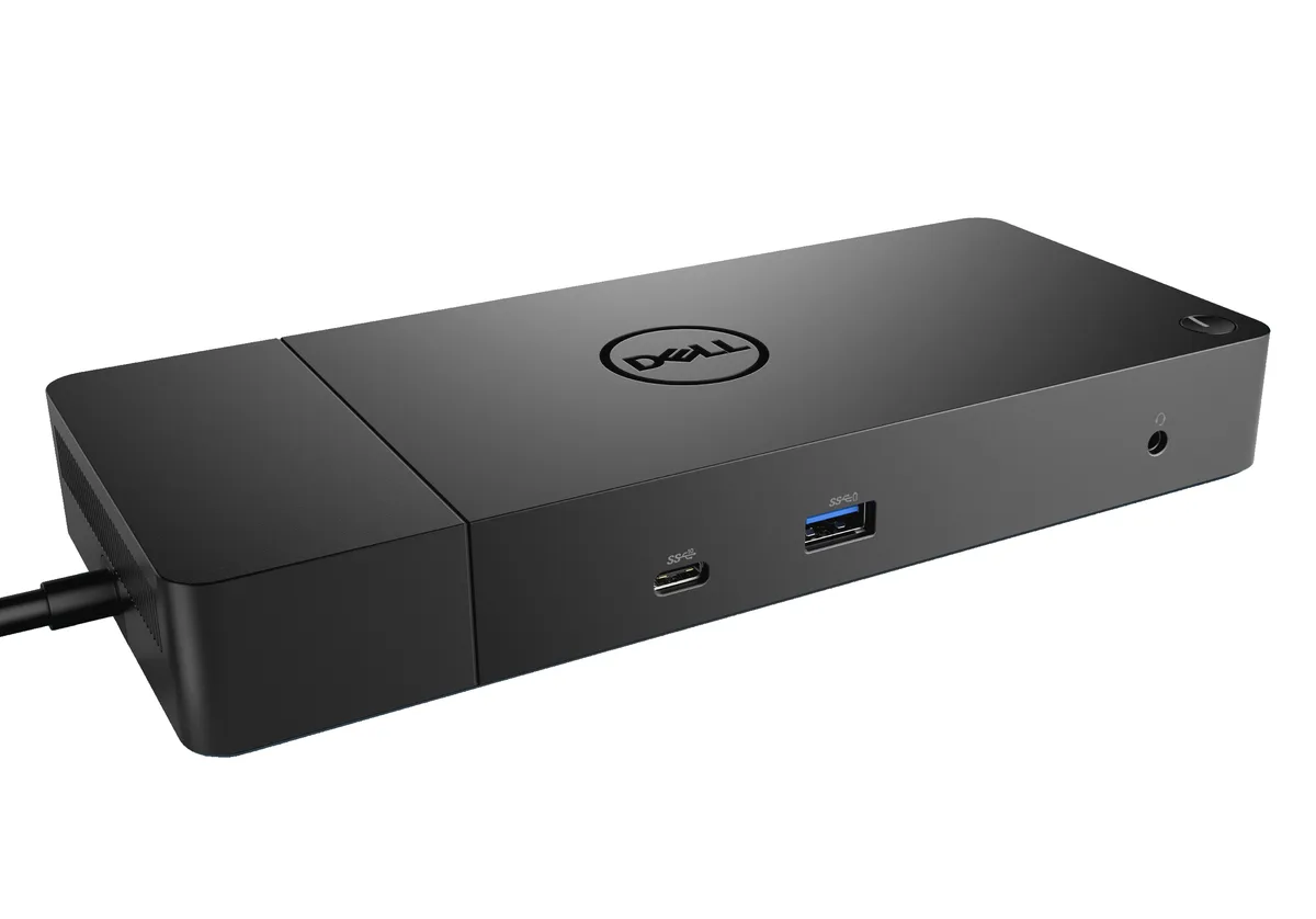 Rectangular black Dell docking station with dual USB-C cables and 240W power adapter