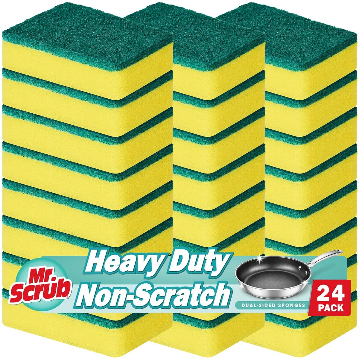 Pack of 24 green rectangular scrub sponges, vacuum-compressed, each 2.7 by 4.25 by 1 inches