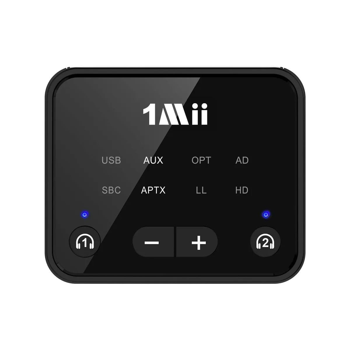 Compact black Bluetooth 5.3 transmitter box 2.56 x 2.13 x .79 in with volume knob and multiple audio ports