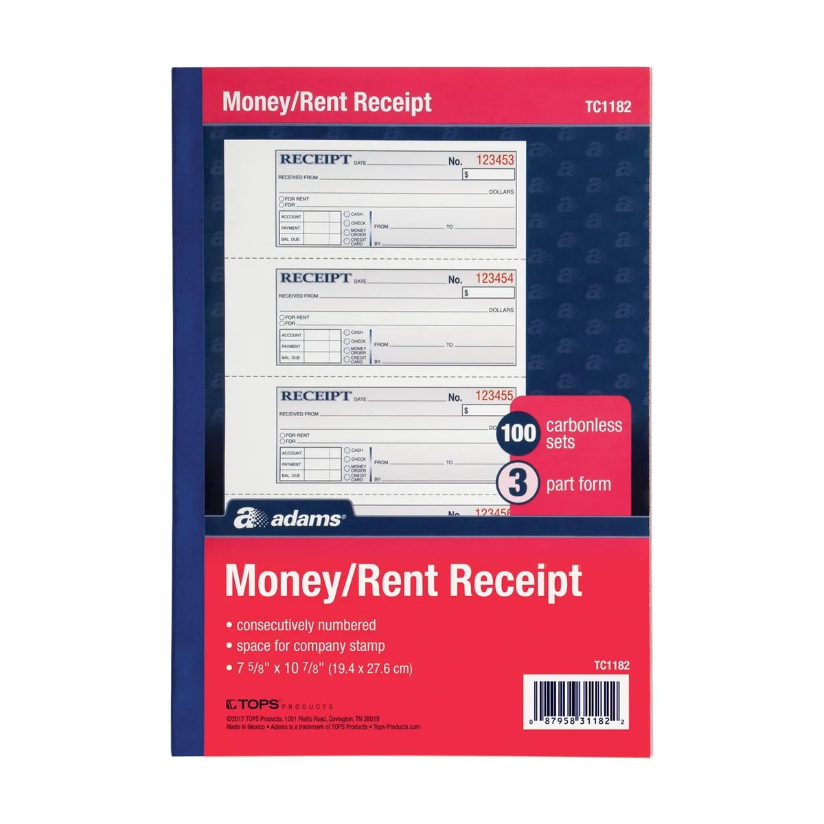 Adams TC1182 Receipt Paper 3-Part Carbonless 100 Sets — product photo