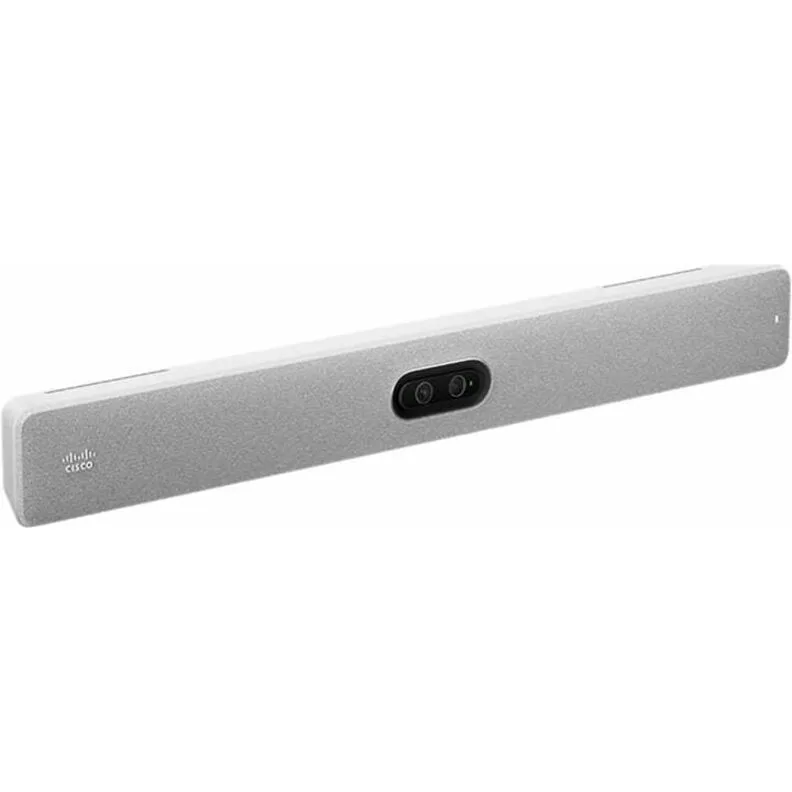 Rectangular matte-black video bar with dual front cameras, speaker grille and touch controller