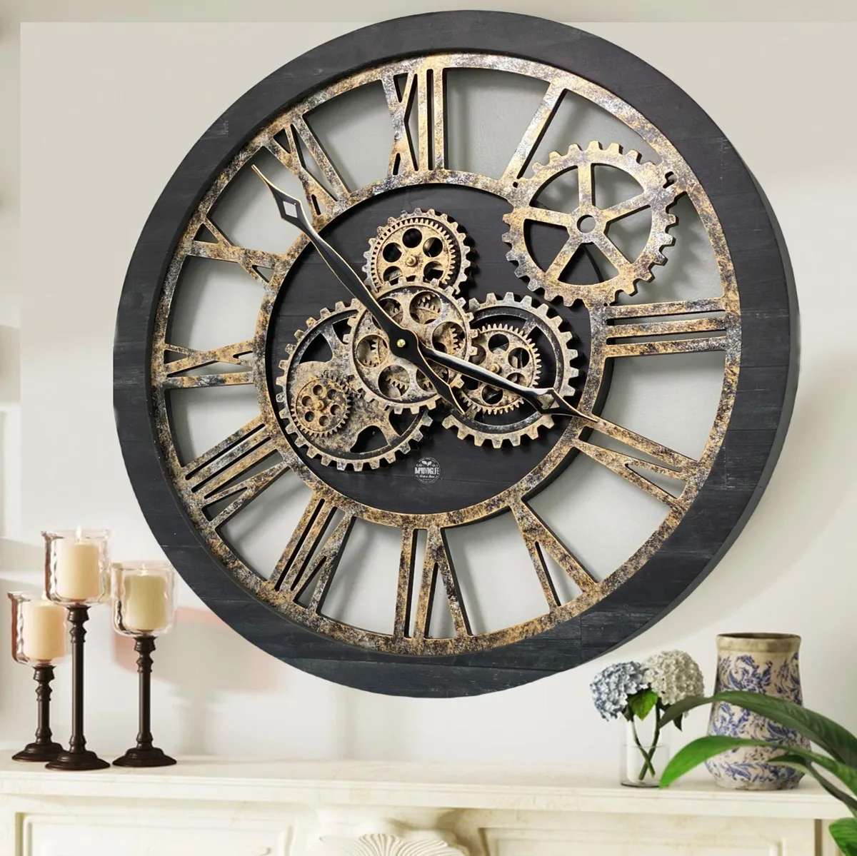 The Gears Clock The Gears Clock AMERICA 24 INCH ROUND 24-inch moving-gear wall clock black — product photo