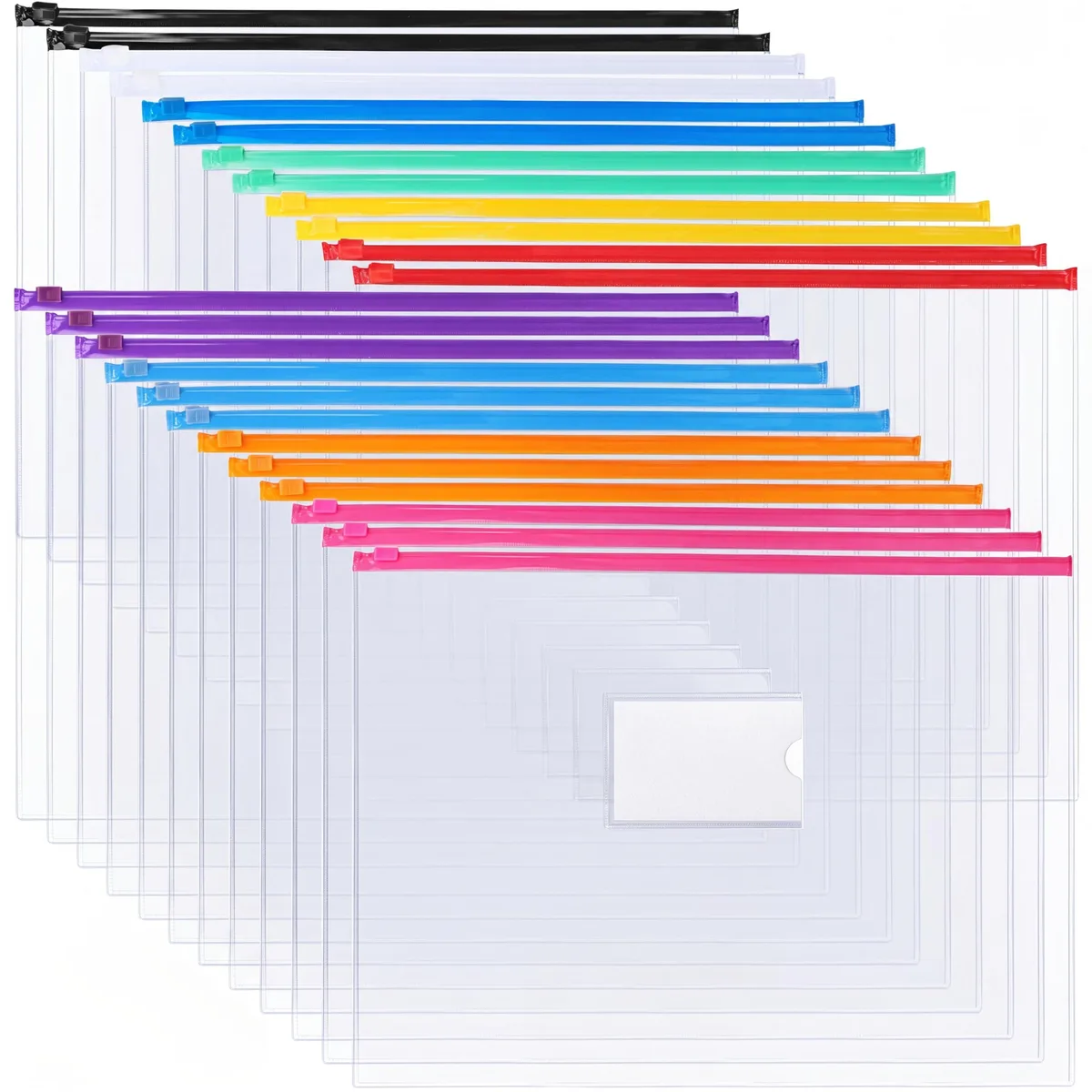 Twenty-four transparent PVC zip envelopes in ten assorted colours, A4 letter size