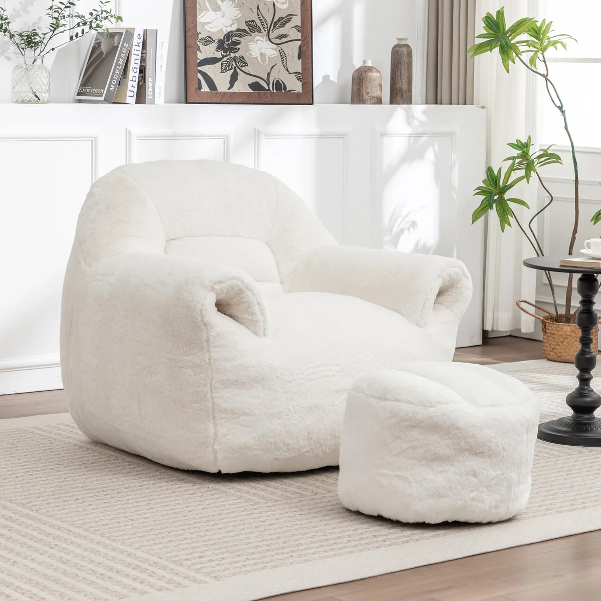 White faux-fur bean bag sofa with back support and matching footstool