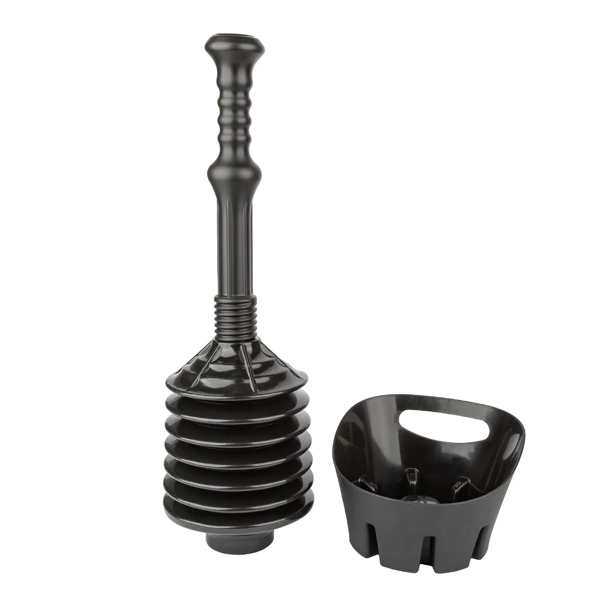 Black bellows accordion toilet plunger with matching storage tray