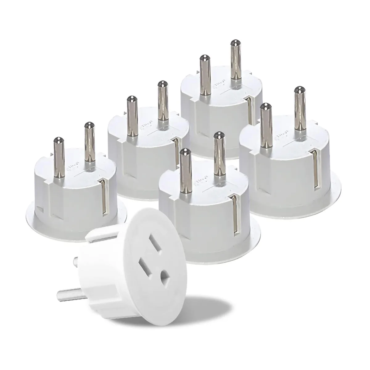 Six white compact Schuko plug adapters with two flat pins and a round ground pin