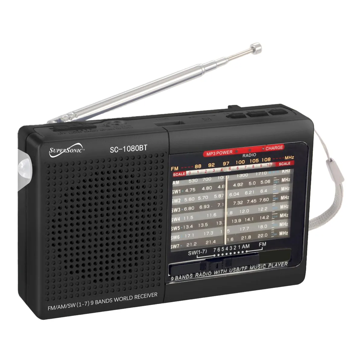  Supersonic SC-1080BT Black 9-Band Radio with Bluetooth — product photo