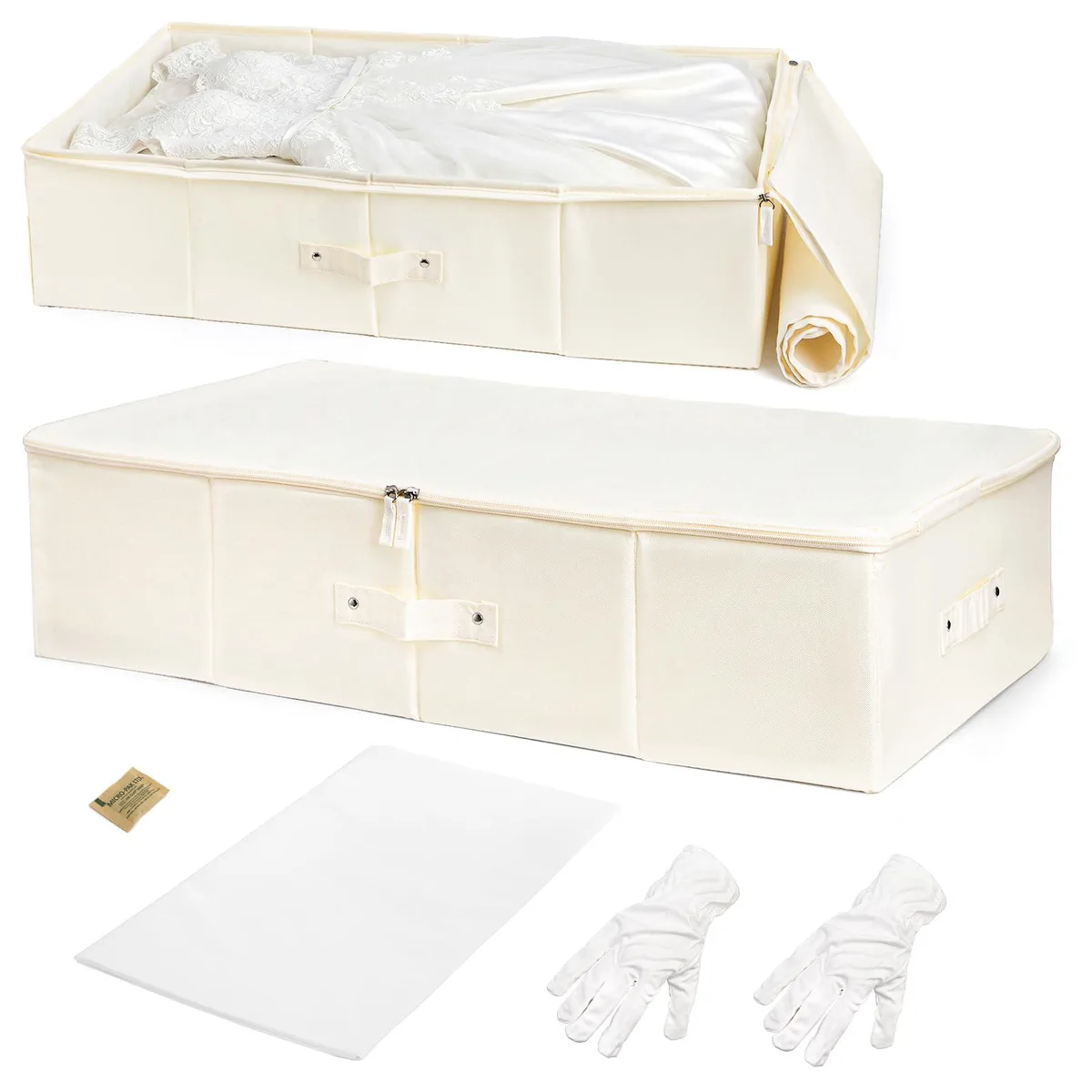Beige wedding gown storage box with handles and double zippers, shown folded flat