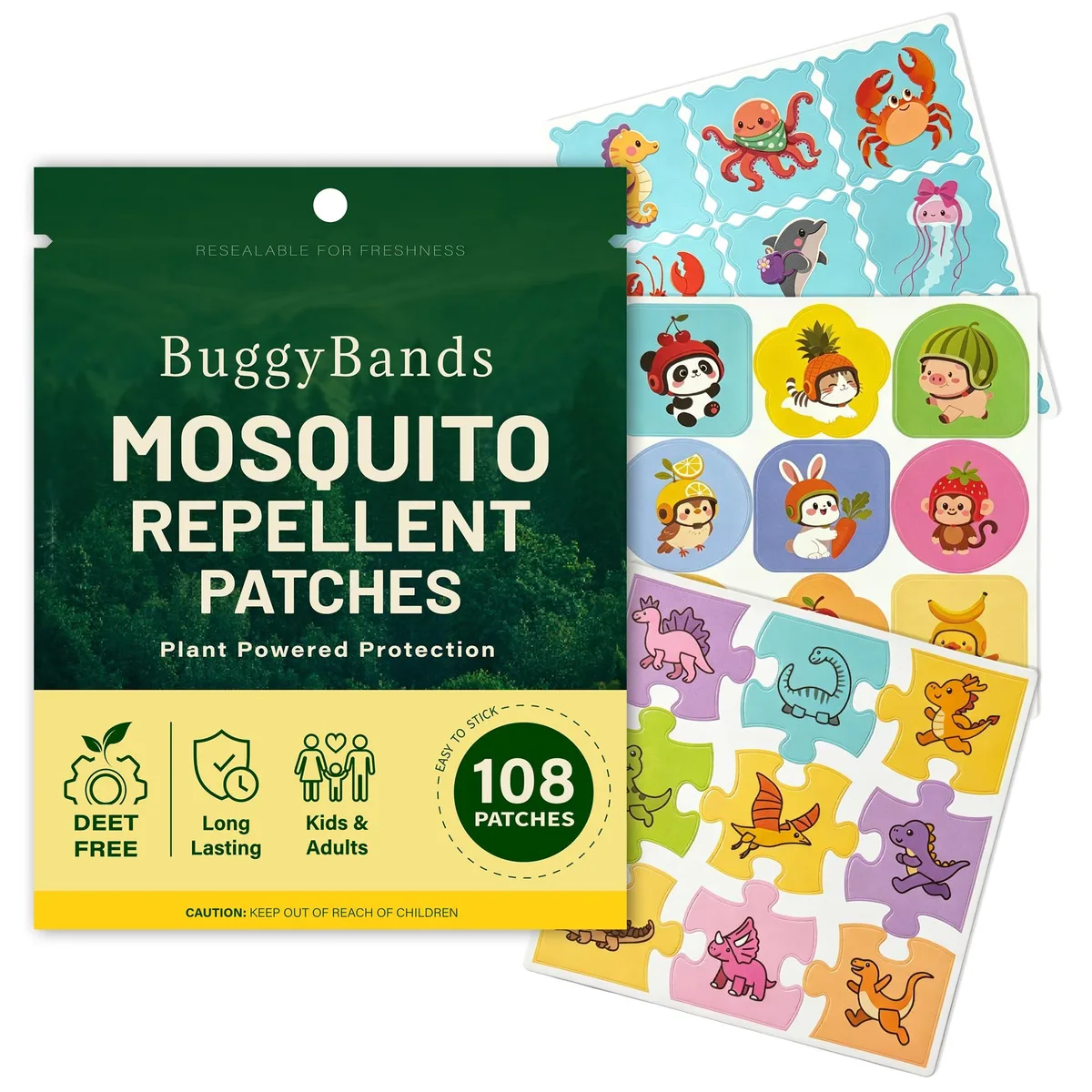 Sheets of small dinosaur, ocean and fruit stickers in resealable packaging