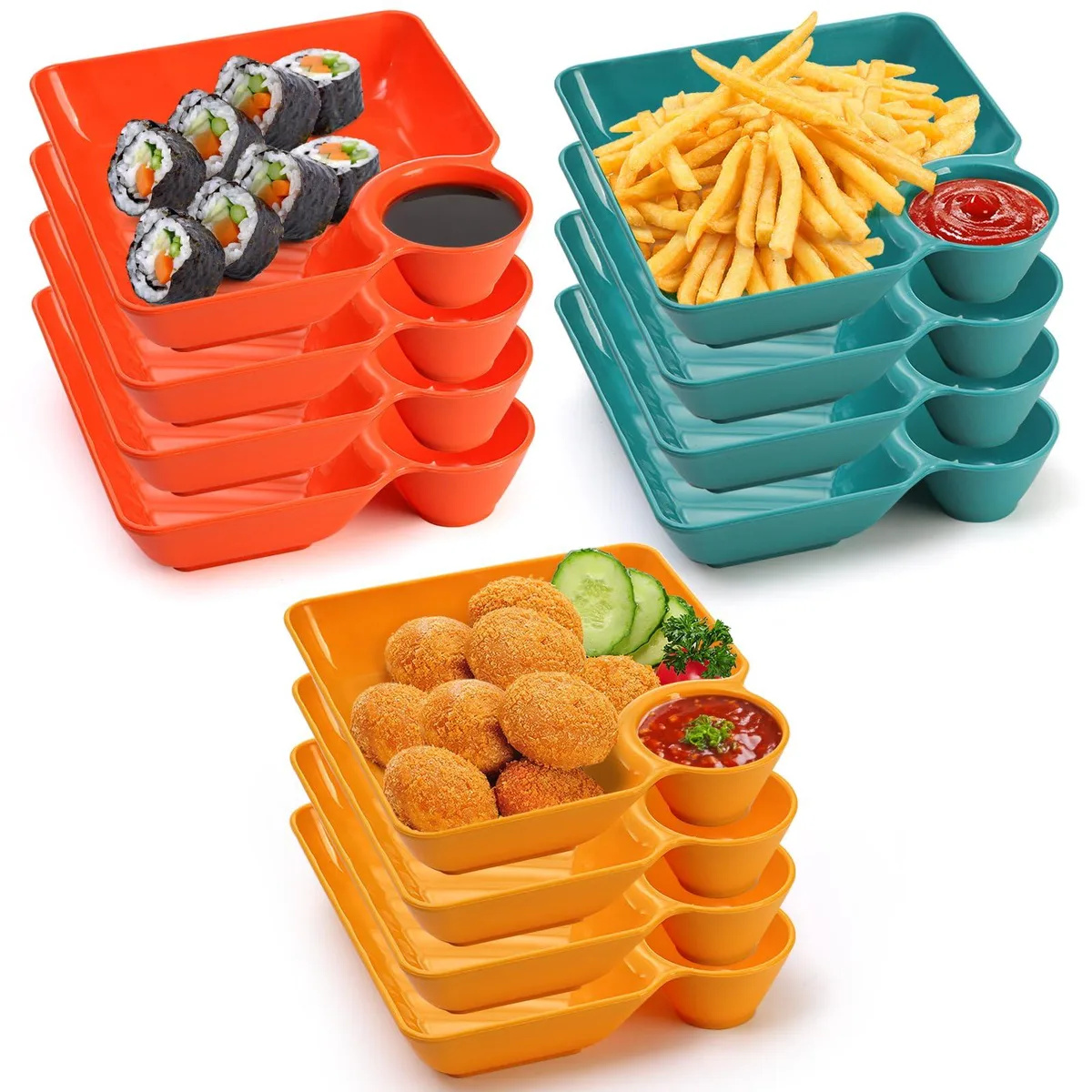 Twelve white rectangular plastic dip plates with built-in sauce compartments, stacked together